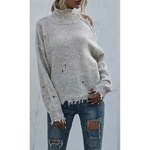 Coeur De Vague Women Turtle Neck Knit Sweater Trim Cut Out Cold Shoulder Size L